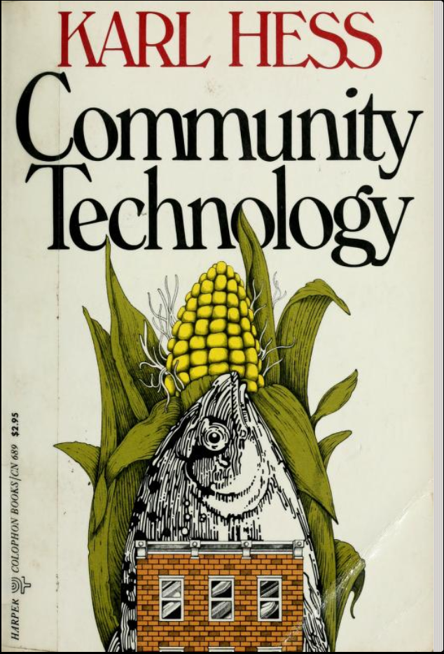 The book cover for Community Technology. A fish and ear of corn emerge from behind a brick townhome.