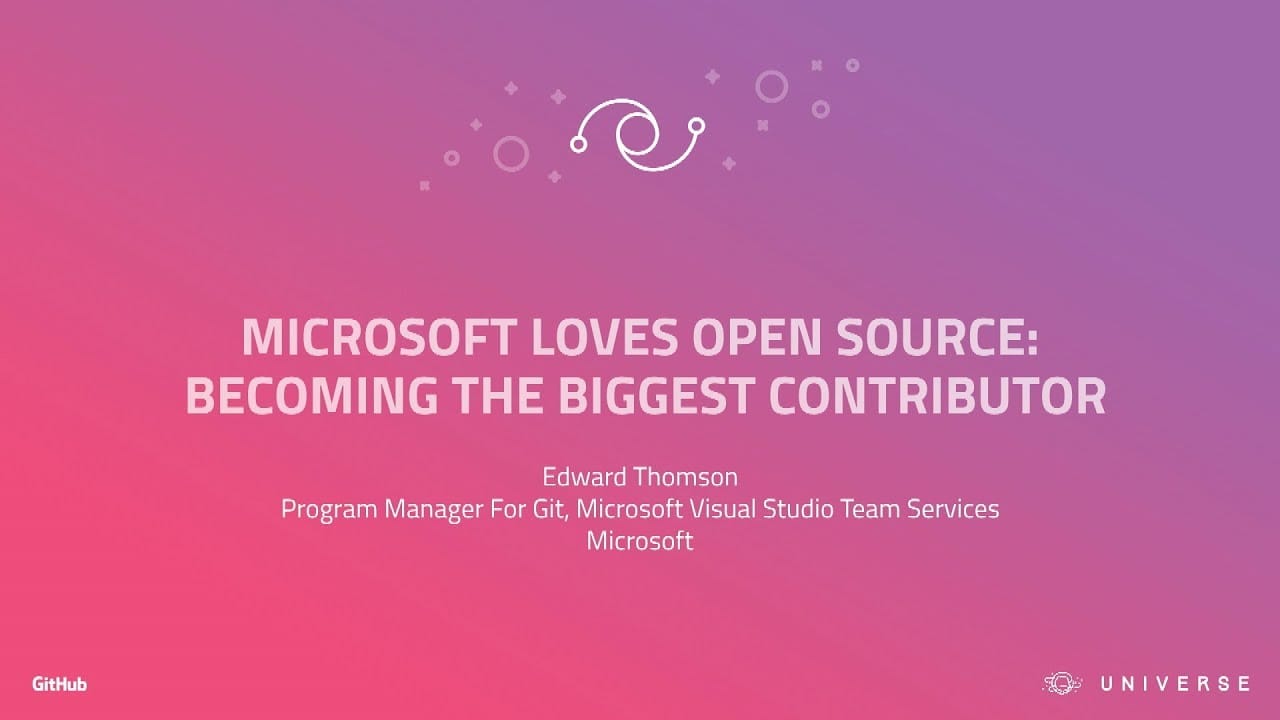 Slide cover for the talk, "Microsoft Loves Open Source: Becoming the Biggest Contributor."